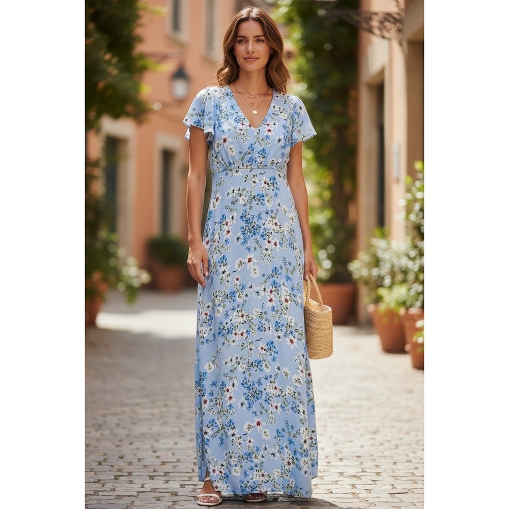 Banana Republic‎ Ecovero Blue Floral Flutter-Sleeve Maxi Dress Feminine 14 NEW